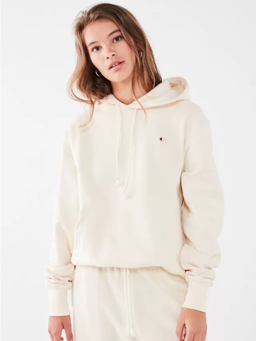 Champion Cream Pullover Hoodie with Embroidered Logo